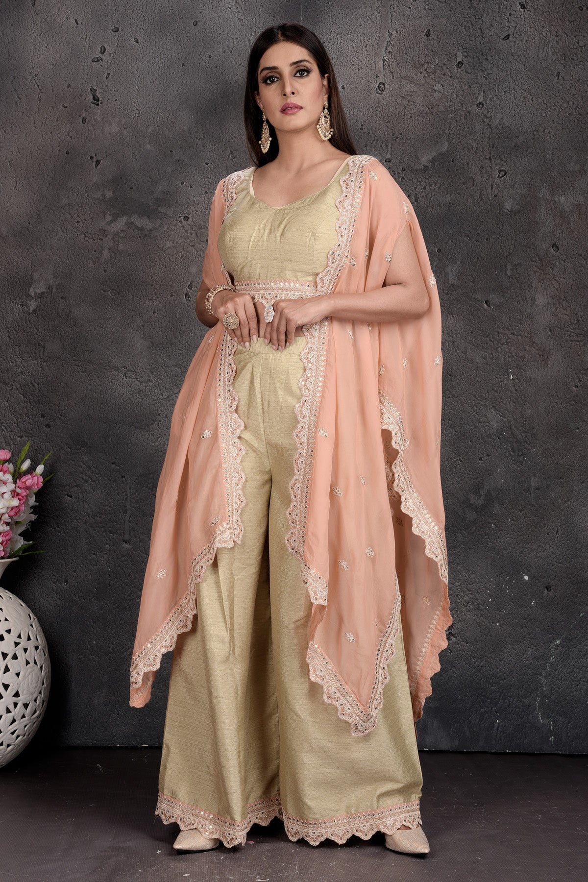 Shop beautiful golden crop top and palazzo online in USA with peach shrug. Set a fashion statement at parties in designer Indian suits, Anarkali suits, designer lehengas, gowns, Indowestern dresses from Pure Elegance Indian fashion store in USA.-side