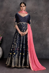 Buy stunning dark blue embroidered Anarkali suit online in USA with pink dupatta. Set a fashion statement at parties in designer Indian suits, Anarkali suits, designer lehengas, gowns, Indowestern dresses from Pure Elegance Indian fashion store in USA.-full view