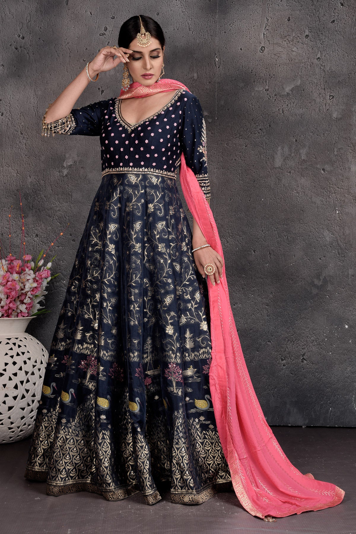 Buy stunning dark blue embroidered Anarkali suit online in USA with pink dupatta. Set a fashion statement at parties in designer Indian suits, Anarkali suits, designer lehengas, gowns, Indowestern dresses from Pure Elegance Indian fashion store in USA.-dupatta