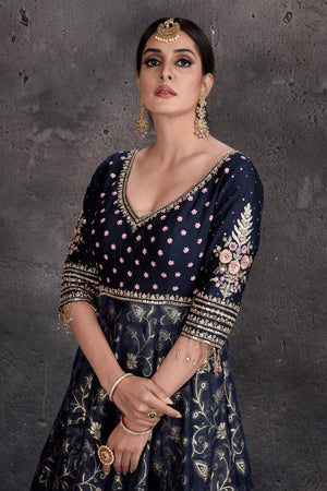 Buy stunning dark blue embroidered Anarkali suit online in USA with pink dupatta. Set a fashion statement at parties in designer Indian suits, Anarkali suits, designer lehengas, gowns, Indowestern dresses from Pure Elegance Indian fashion store in USA.-closeup