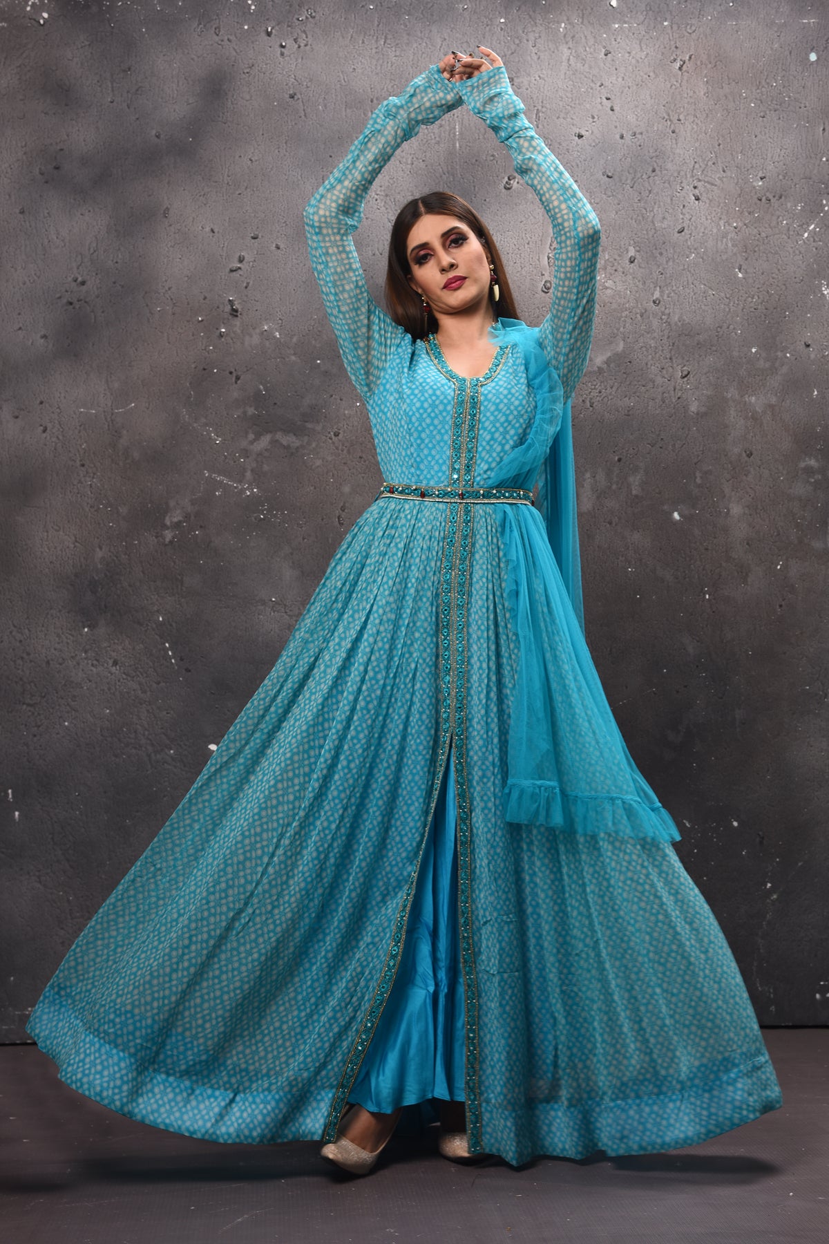 Shop beautiful blue belted Anarkali online in USA with dupatta. Get set for weddings and festive occasions in exclusive designer Anarkali suits, wedding gown, salwar suits, gharara suits, Indowestern dresses from Pure Elegance Indian fashion store in USA.-full view