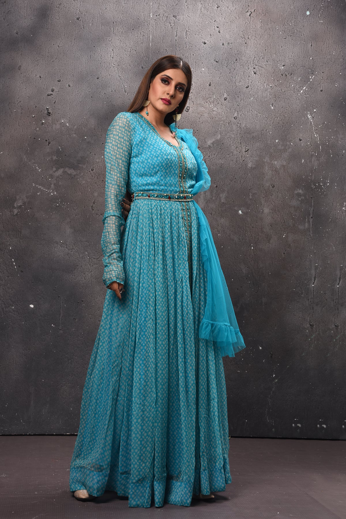 Shop beautiful blue belted Anarkali online in USA with dupatta. Get set for weddings and festive occasions in exclusive designer Anarkali suits, wedding gown, salwar suits, gharara suits, Indowestern dresses from Pure Elegance Indian fashion store in USA.-right