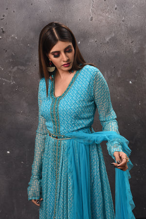 Shop beautiful blue belted Anarkali online in USA with dupatta. Get set for weddings and festive occasions in exclusive designer Anarkali suits, wedding gown, salwar suits, gharara suits, Indowestern dresses from Pure Elegance Indian fashion store in USA.-closeup