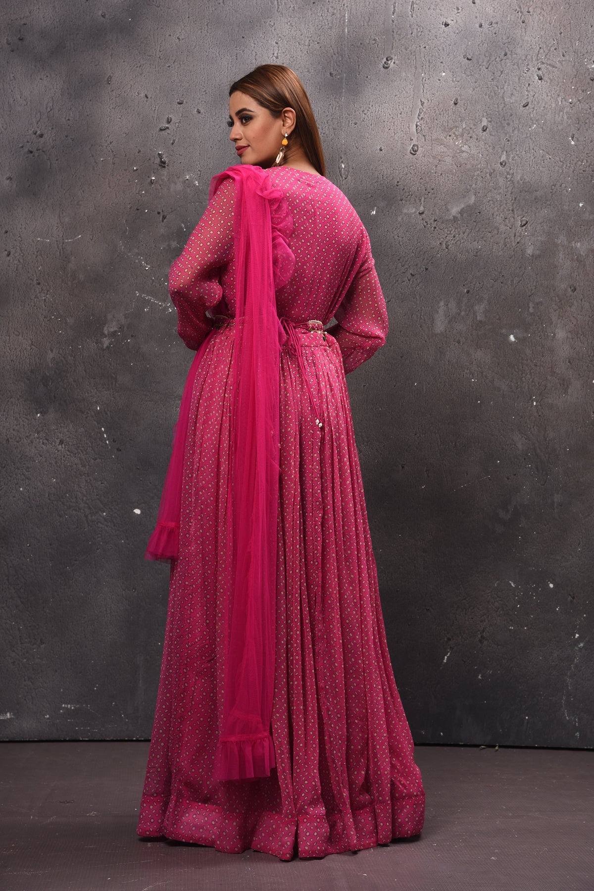 Shop beautiful pink belted Anarkali suit online in USA with dupatta. Get set for weddings and festive occasions in exclusive designer Anarkali suits, wedding gown, salwar suits, gharara suits, Indowestern dresses from Pure Elegance Indian fashion store in USA.-back
