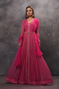 Shop beautiful pink belted Anarkali suit online in USA with dupatta. Get set for weddings and festive occasions in exclusive designer Anarkali suits, wedding gown, salwar suits, gharara suits, Indowestern dresses from Pure Elegance Indian fashion store in USA.-full view