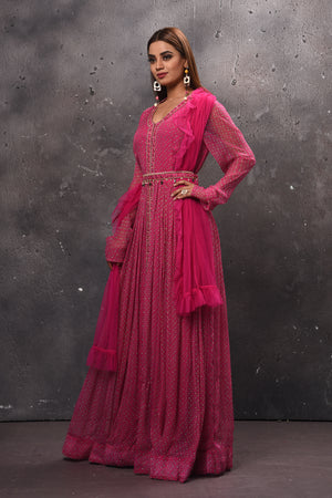 Shop beautiful pink belted Anarkali suit online in USA with dupatta. Get set for weddings and festive occasions in exclusive designer Anarkali suits, wedding gown, salwar suits, gharara suits, Indowestern dresses from Pure Elegance Indian fashion store in USA.-side