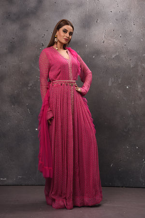 Shop beautiful pink belted Anarkali suit online in USA with dupatta. Get set for weddings and festive occasions in exclusive designer Anarkali suits, wedding gown, salwar suits, gharara suits, Indowestern dresses from Pure Elegance Indian fashion store in USA.-side