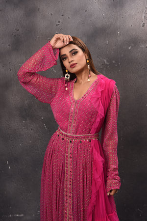 Shop beautiful pink belted Anarkali suit online in USA with dupatta. Get set for weddings and festive occasions in exclusive designer Anarkali suits, wedding gown, salwar suits, gharara suits, Indowestern dresses from Pure Elegance Indian fashion store in USA.-closeup