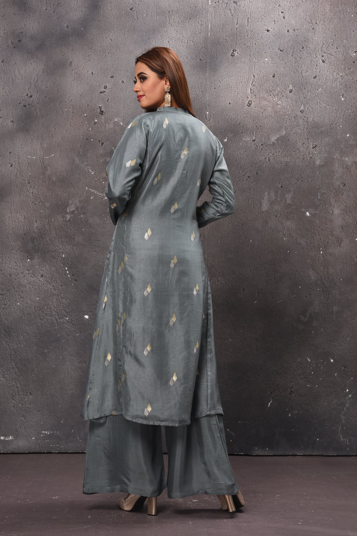 Shop stunning grey palazzo suit online in USA with matching dupatta. Get set for weddings and festive occasions in exclusive designer Anarkali suits, wedding gown, salwar suits, gharara suits, Indowestern dresses from Pure Elegance Indian fashion store in USA.-back