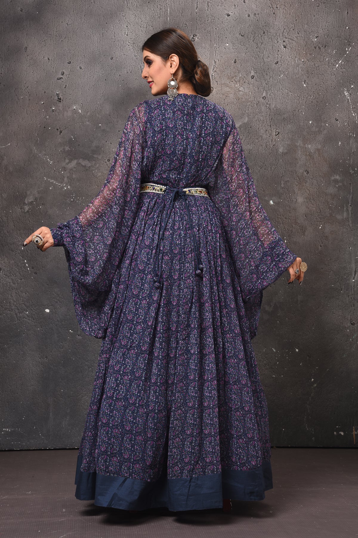 Shop beautiful blue printed maxi dress online in USA with bell sleeves. Get set for weddings and festive occasions in exclusive designer Anarkali suits, wedding gown, salwar suits, gharara suits, Indowestern dresses from Pure Elegance Indian fashion store in USA.-back
