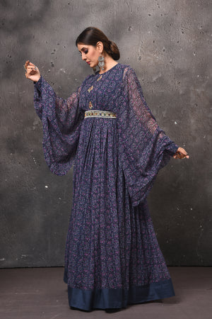 Shop beautiful blue printed maxi dress online in USA with bell sleeves. Get set for weddings and festive occasions in exclusive designer Anarkali suits, wedding gown, salwar suits, gharara suits, Indowestern dresses from Pure Elegance Indian fashion store in USA.-sleeves