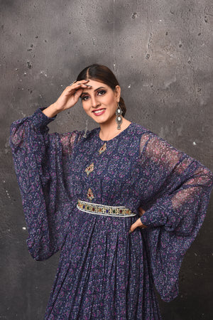 Shop beautiful blue printed maxi dress online in USA with bell sleeves. Get set for weddings and festive occasions in exclusive designer Anarkali suits, wedding gown, salwar suits, gharara suits, Indowestern dresses from Pure Elegance Indian fashion store in USA.-closeup