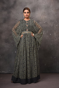 Buy stunning beautiful black printed maxi dress online in USA with bell sleeves. Get set for weddings and festive occasions in exclusive designer Anarkali suits, wedding gown, salwar suits, gharara suits, Indowestern dresses from Pure Elegance Indian fashion store in USA.-full view