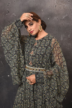 Buy stunning beautiful black printed maxi dress online in USA with bell sleeves. Get set for weddings and festive occasions in exclusive designer Anarkali suits, wedding gown, salwar suits, gharara suits, Indowestern dresses from Pure Elegance Indian fashion store in USA.-closeup