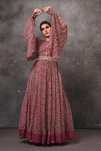 Shop gorgeous dark pink printed maxi dress online in USA with bell sleeves. Get set for weddings and festive occasions in exclusive designer Anarkali suits, wedding gown, salwar suits, gharara suits, Indowestern dresses from Pure Elegance Indian fashion store in USA.-full view