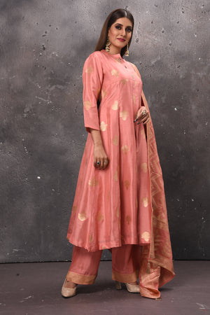 Buy elegant blush pink palazzo suit online in USA with dupatta. Get set for weddings and festive occasions in exclusive designer Anarkali suits, wedding gown, salwar suits, gharara suits, Indowestern dresses from Pure Elegance Indian fashion store in USA.-side