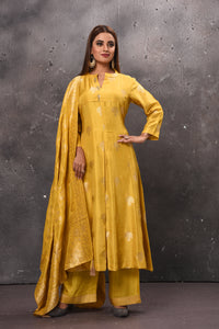 Buy elegant yellow palazzo suit online in USA with dupatta. Get set for weddings and festive occasions in exclusive designer Anarkali suits, wedding gown, salwar suits, gharara suits, Indowestern dresses from Pure Elegance Indian fashion store in USA.-full view