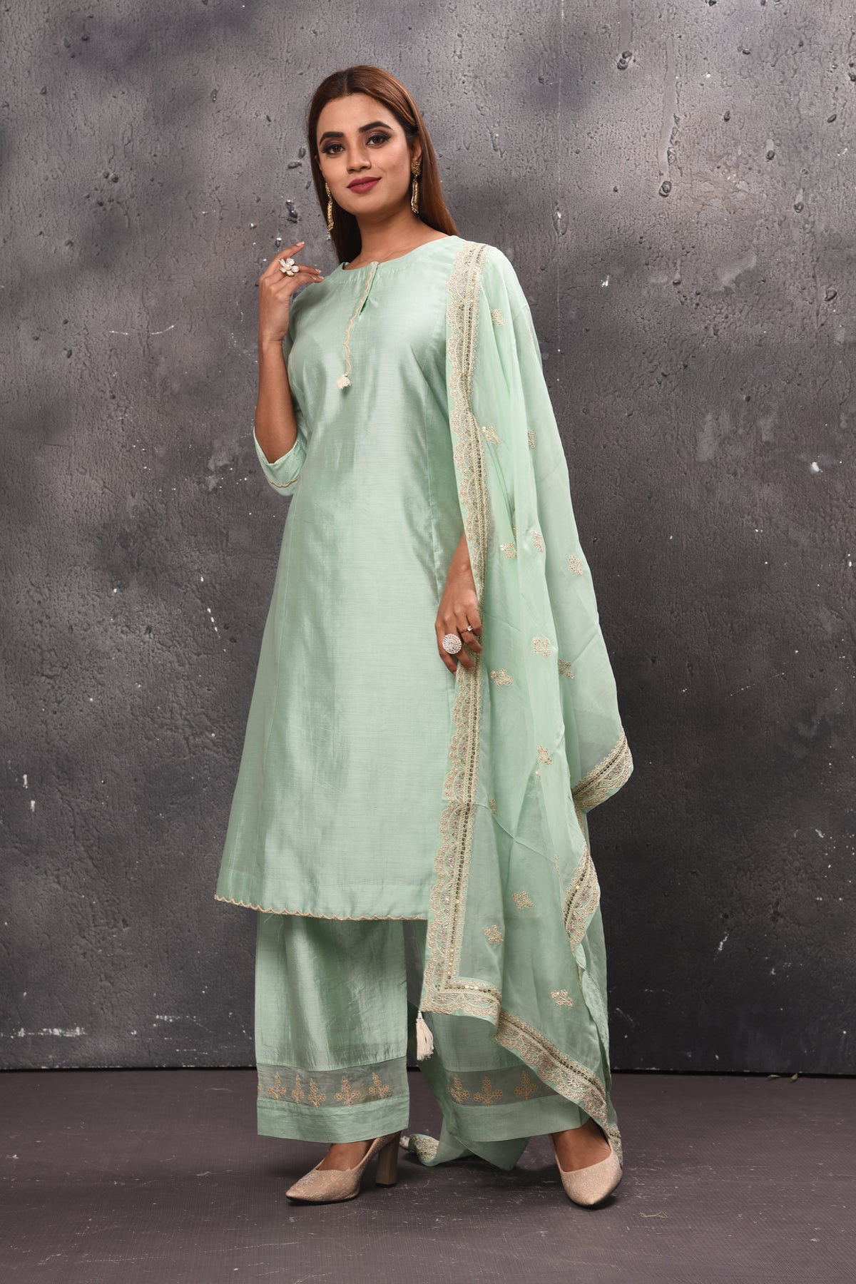 Shop stunning mint green palazzo suit online in USA with matching dupatta. Get set for weddings and festive occasions in exclusive designer Anarkali suits, wedding gown, salwar suits, gharara suits, Indowestern dresses from Pure Elegance Indian fashion store in USA.-dupatta
