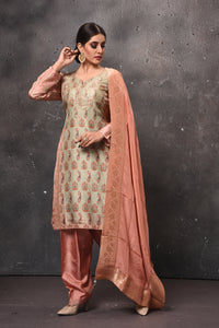Shop stunning pista green and peach embroidered salwar suit online in USA with dupatta. Get set for weddings and festive occasions in exclusive designer Anarkali suits, wedding gown, salwar suits, gharara suits, Indowestern dresses from Pure Elegance Indian fashion store in USA.full view