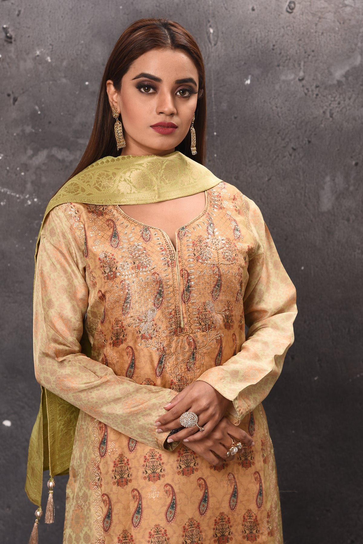 Shop beautiful peach and pista green embroidered salwar suit online in USA with dupatta. Get set for weddings and festive occasions in exclusive designer Anarkali suits, wedding gown, salwar suits, gharara suits, Indowestern dresses from Pure Elegance Indian fashion store in USA.-closeup