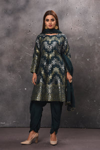  Buy stunning dark green designer salwar suit online in USA with dupatta. Get set for weddings and festive occasions in exclusive designer Anarkali suits, wedding gown, salwar suits, gharara suits, Indowestern dresses from Pure Elegance Indian fashion store in USA.-full view
