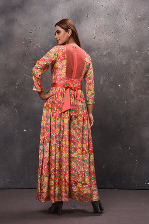 Shop pink floral pink jumpsuit online in USA with embellished belt. Get set for weddings and festive occasions in exclusive designer Anarkali suits, wedding gown, salwar suits, gharara suits, Indowestern dresses from Pure Elegance Indian fashion store in USA.-back