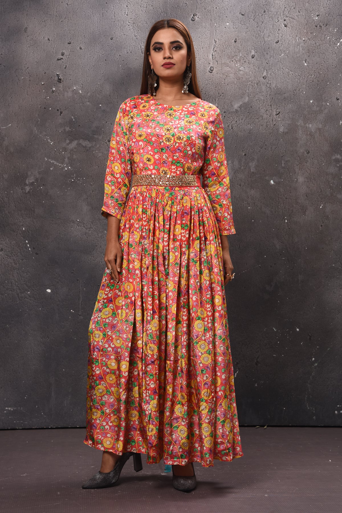 Shop pink floral pink jumpsuit online in USA with embellished belt. Get set for weddings and festive occasions in exclusive designer Anarkali suits, wedding gown, salwar suits, gharara suits, Indowestern dresses from Pure Elegance Indian fashion store in USA.-full view