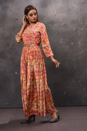 Shop pink floral pink jumpsuit online in USA with embellished belt. Get set for weddings and festive occasions in exclusive designer Anarkali suits, wedding gown, salwar suits, gharara suits, Indowestern dresses from Pure Elegance Indian fashion store in USA.-left