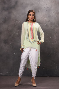 Shop stunning mint green embroidered salwar suit online in USA. Get set for weddings and festive occasions in exclusive designer Anarkali suits, wedding gown, salwar suits, gharara suits, Indowestern dresses from Pure Elegance Indian fashion store in USA-full view