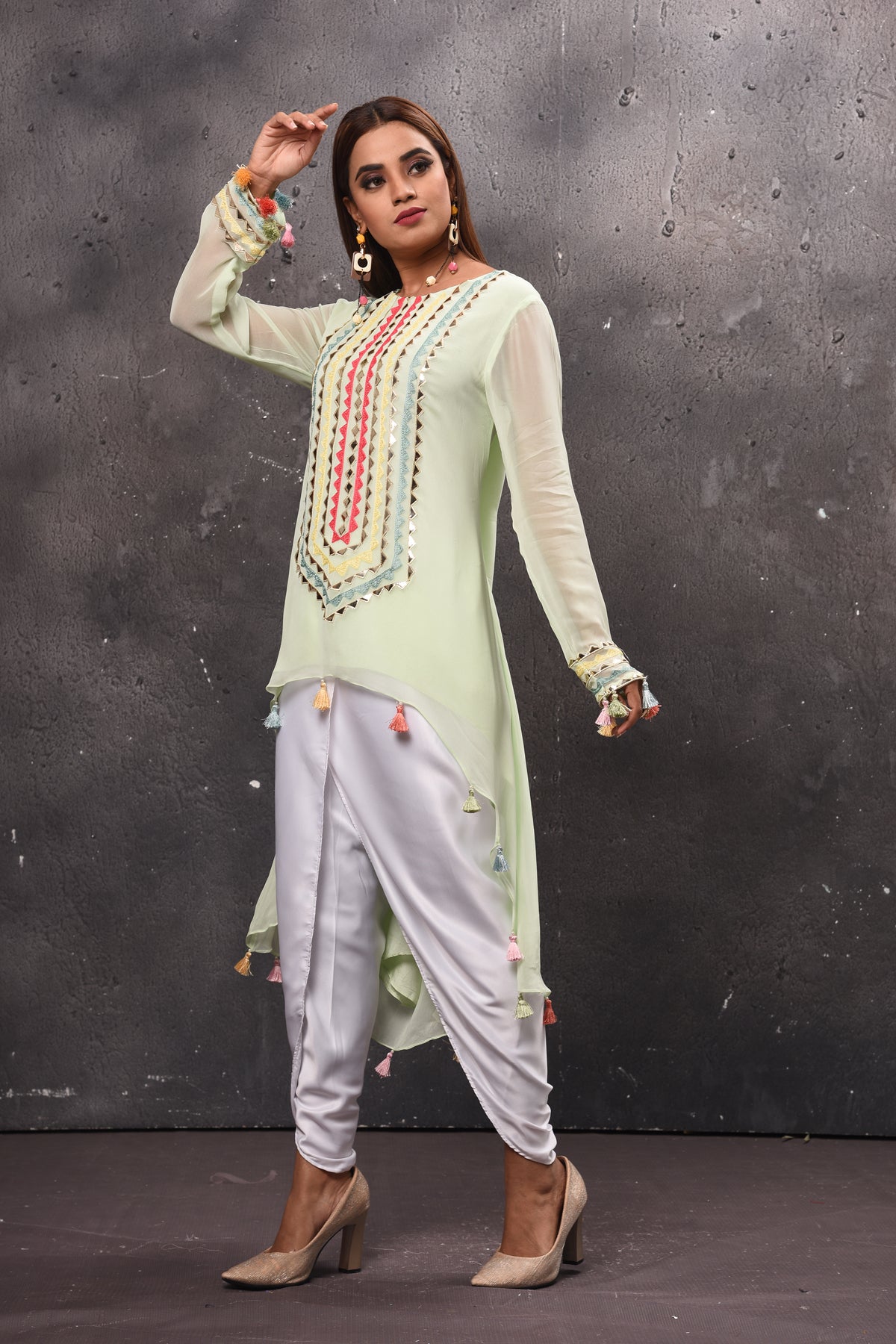 Shop stunning mint green embroidered salwar suit online in USA. Get set for weddings and festive occasions in exclusive designer Anarkali suits, wedding gown, salwar suits, gharara suits, Indowestern dresses from Pure Elegance Indian fashion store in USA-lefr