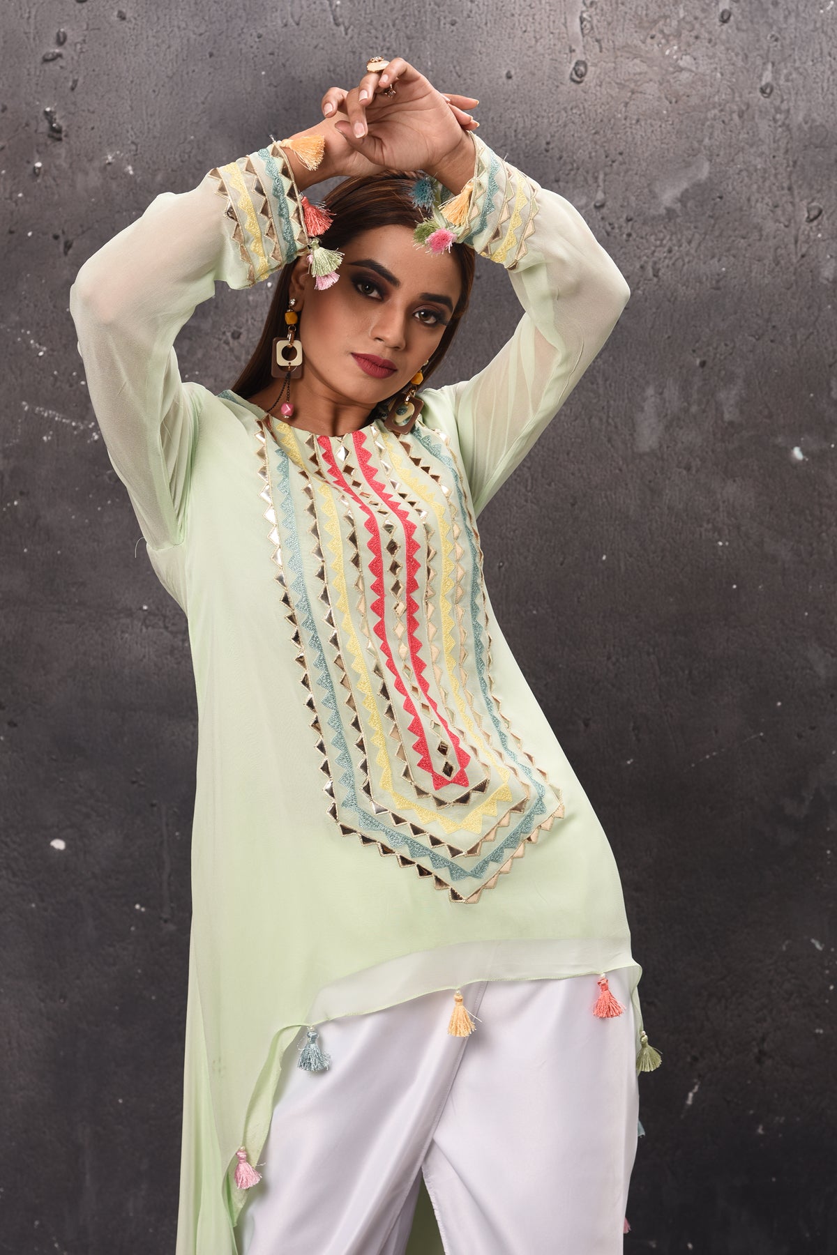 Shop stunning mint green embroidered salwar suit online in USA. Get set for weddings and festive occasions in exclusive designer Anarkali suits, wedding gown, salwar suits, gharara suits, Indowestern dresses from Pure Elegance Indian fashion store in USA-closeup