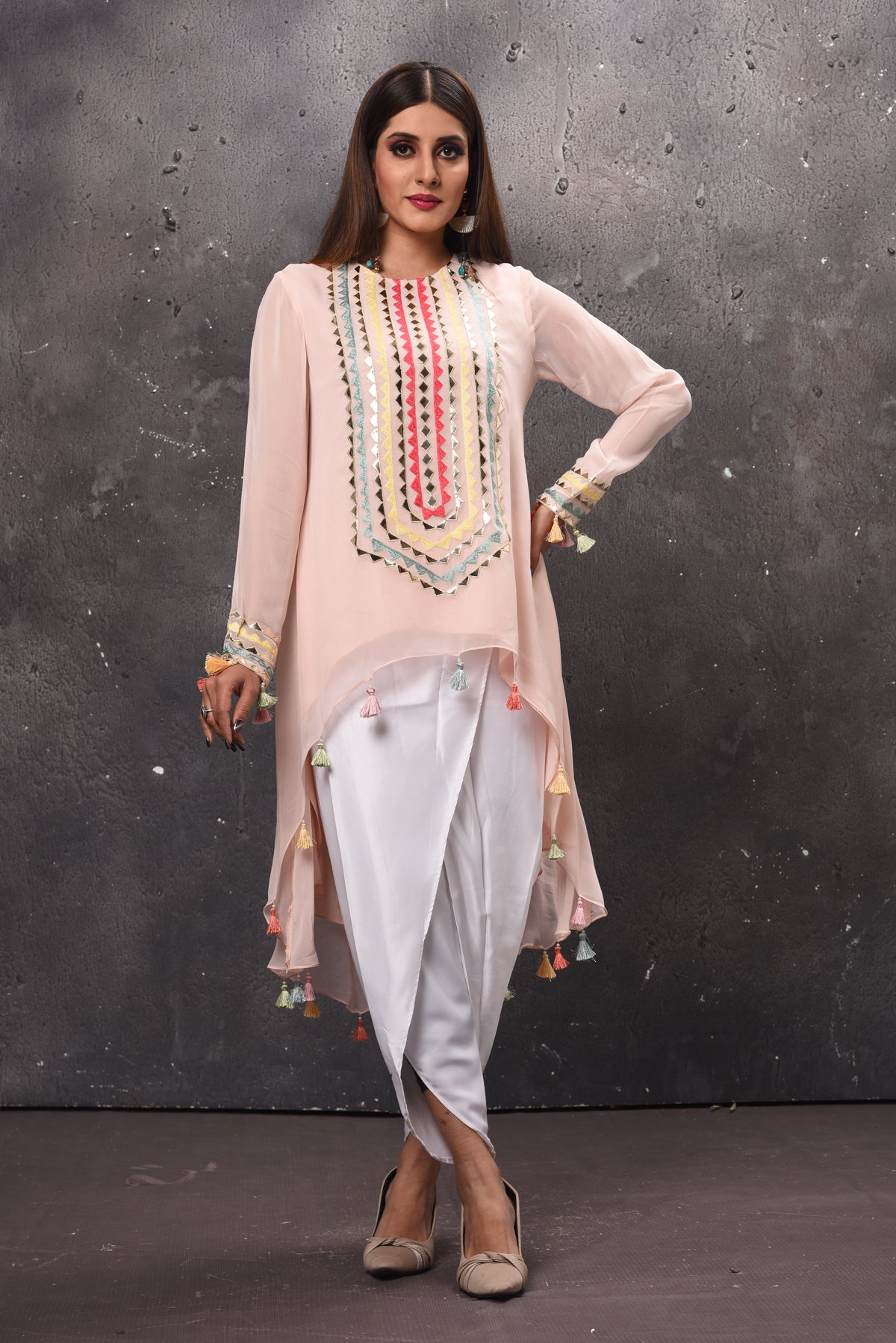 Shop beautiful cream and white embroidered salwar suit online in USA. Get set for weddings and festive occasions in exclusive designer Anarkali suits, wedding gown, salwar suits, gharara suits, Indowestern dresses from Pure Elegance Indian fashion store in USA.-front
