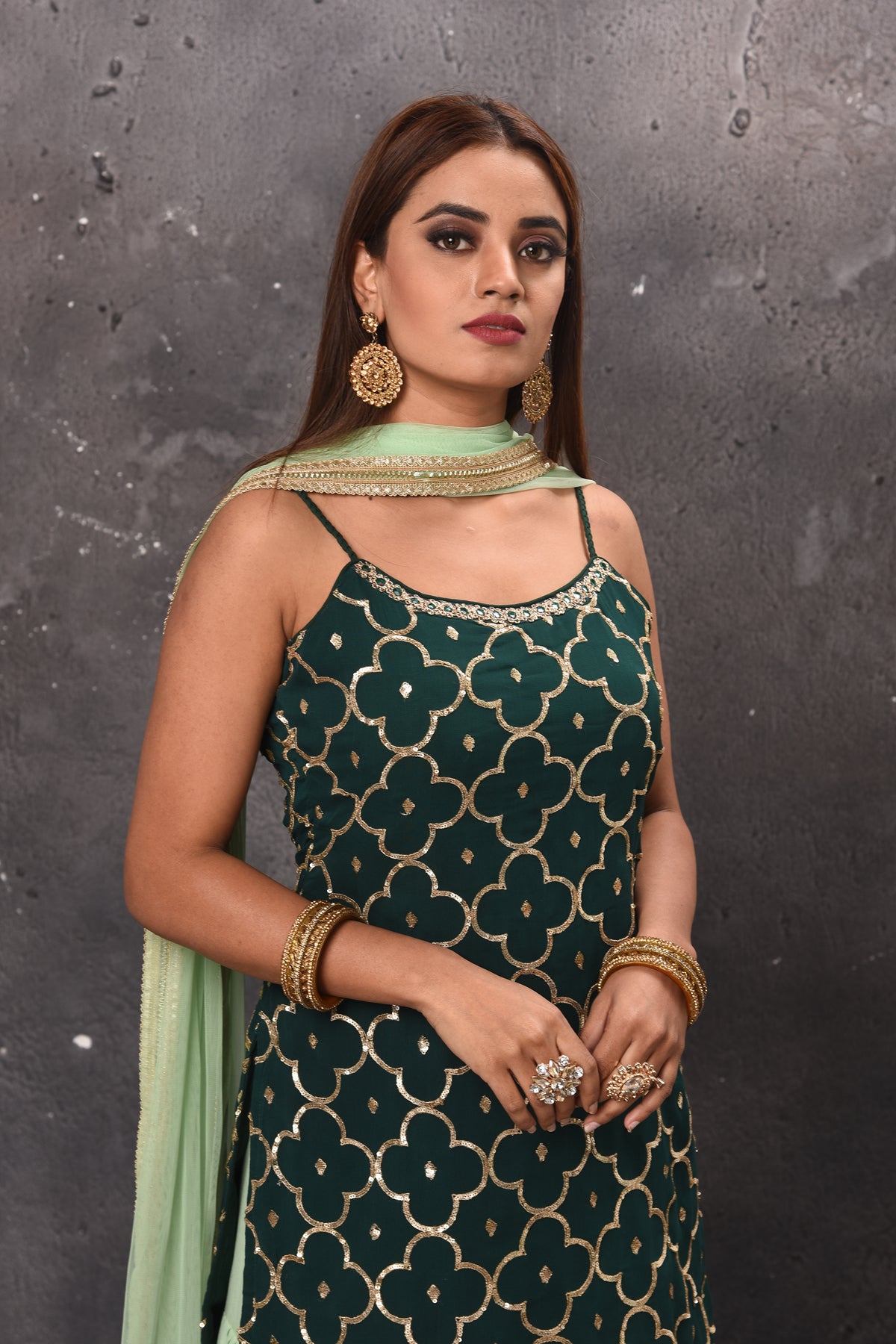 Buy beautiful mint green and dark green embroidered sharara suit online in USA. Get set for weddings and festive occasions in exclusive designer Anarkali suits, wedding gown, salwar suits, gharara suits, Indowestern dresses from Pure Elegance Indian fashion store in USA.-closeup