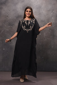Shop gorgeous black embroidered kaftaan dress online in USA. Get set for weddings and festive occasions in exclusive designer Anarkali suits, wedding gown, salwar suits, gharara suits, Indowestern dresses from Pure Elegance Indian fashion store in USA.-full view