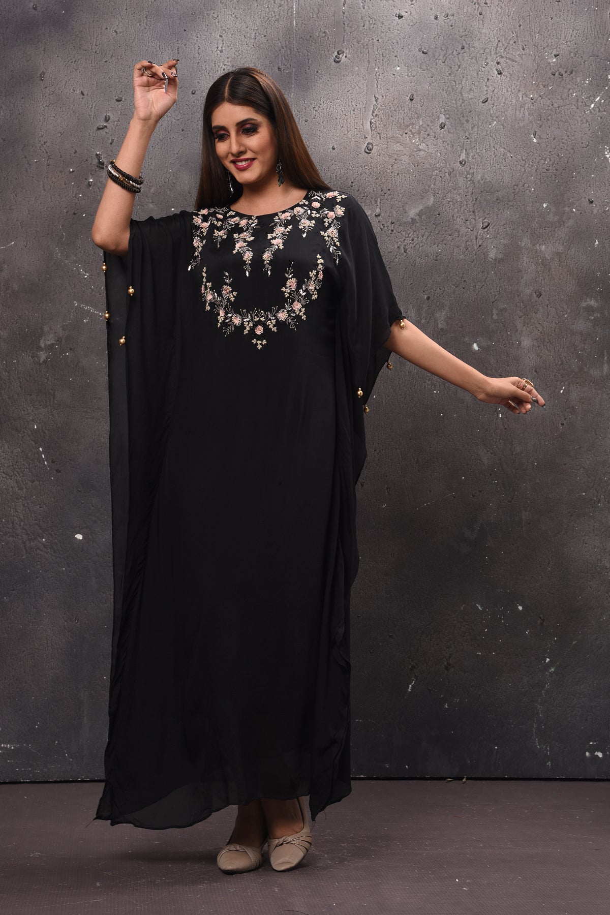 Shop gorgeous black embroidered kaftaan dress online in USA. Get set for weddings and festive occasions in exclusive designer Anarkali suits, wedding gown, salwar suits, gharara suits, Indowestern dresses from Pure Elegance Indian fashion store in USA.-side