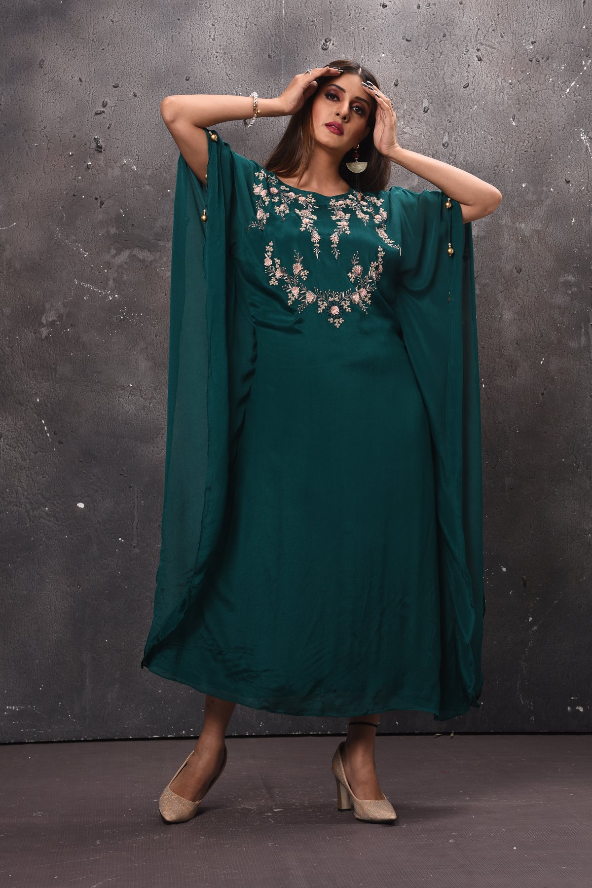 Buy stunning dark green embroidered kaftaan dress online in USA. Get set for weddings and festive occasions in exclusive designer Anarkali suits, wedding gown, salwar suits, gharara suits, Indowestern dresses from Pure Elegance Indian fashion store in USA.-full view