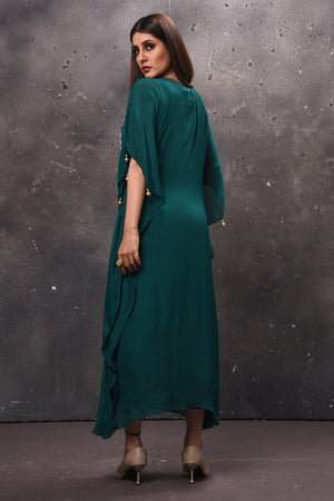 Buy stunning dark green embroidered kaftaan dress online in USA. Get set for weddings and festive occasions in exclusive designer Anarkali suits, wedding gown, salwar suits, gharara suits, Indowestern dresses from Pure Elegance Indian fashion store in USA.-back