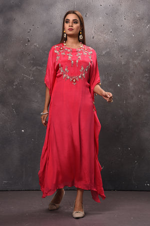 Buy beautiful pink embroidered kaftaan dress online in USA. Get set for weddings and festive occasions in exclusive designer Anarkali suits, wedding gown, salwar suits, gharara suits, Indowestern dresses from Pure Elegance Indian fashion store in USA.-front