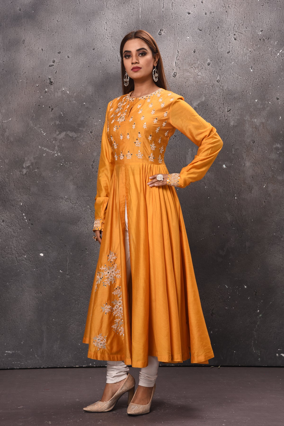 Shop stunning yellow embroidered front slit Anarkali suit online in USA. Get set for weddings and festive occasions in exclusive designer Anarkali suits, wedding gown, salwar suits, gharara suits, Indowestern dresses from Pure Elegance Indian fashion store in USA.-full view