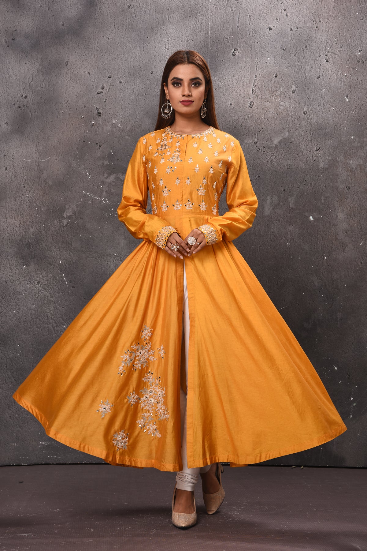 Shop stunning yellow embroidered front slit Anarkali suit online in USA. Get set for weddings and festive occasions in exclusive designer Anarkali suits, wedding gown, salwar suits, gharara suits, Indowestern dresses from Pure Elegance Indian fashion store in USA.-front