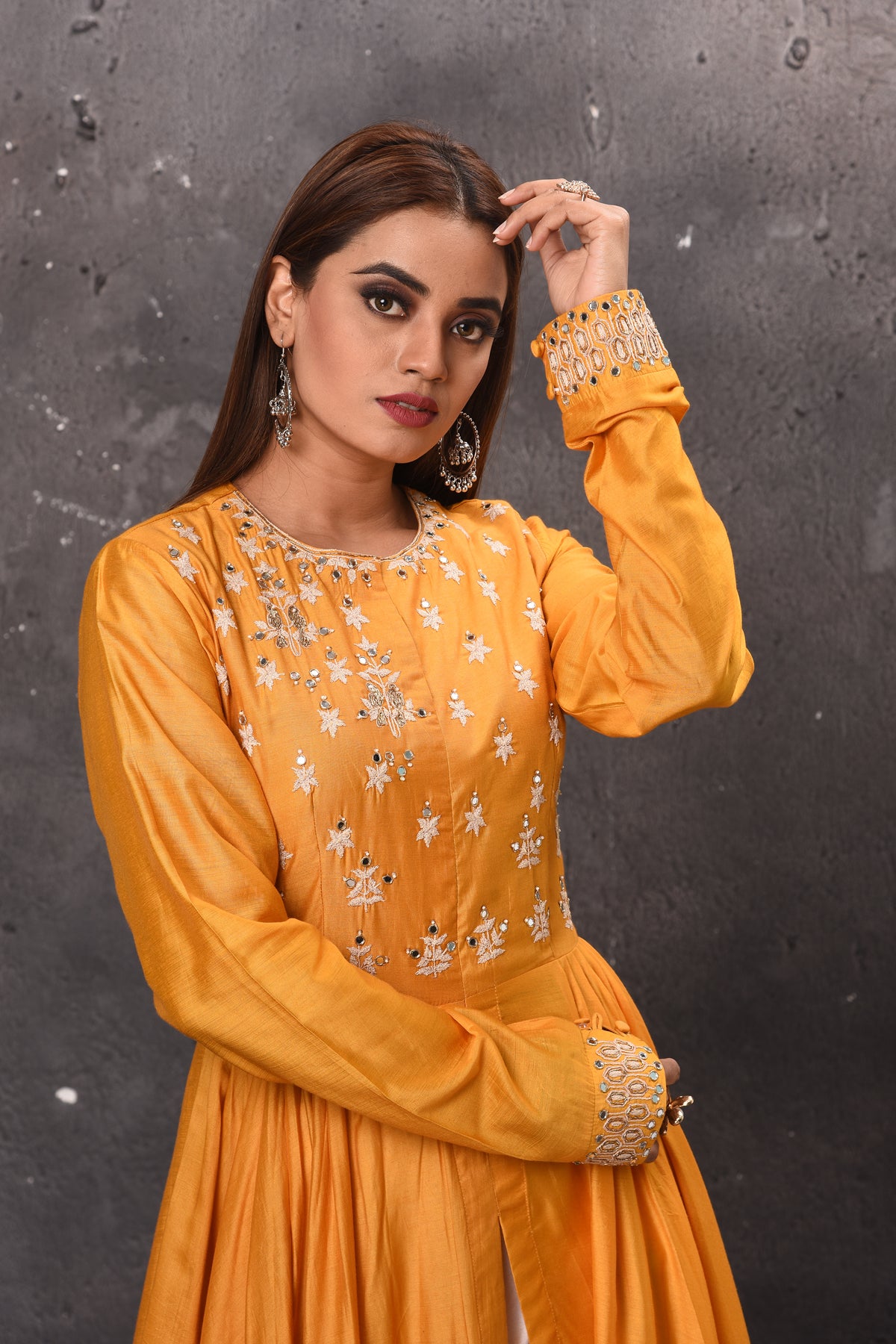 Shop stunning yellow embroidered front slit Anarkali suit online in USA. Get set for weddings and festive occasions in exclusive designer Anarkali suits, wedding gown, salwar suits, gharara suits, Indowestern dresses from Pure Elegance Indian fashion store in USA.-closeup