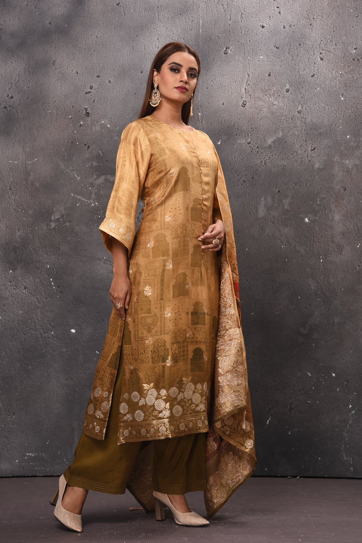 Shop beautiful beige and brown shaded and printed palazzo suit online in USA. Get set for weddings and festive occasions in exclusive designer Anarkali suits, wedding gown, salwar suits, gharara suits, Indowestern dresses from Pure Elegance Indian fashion store in USA.-right