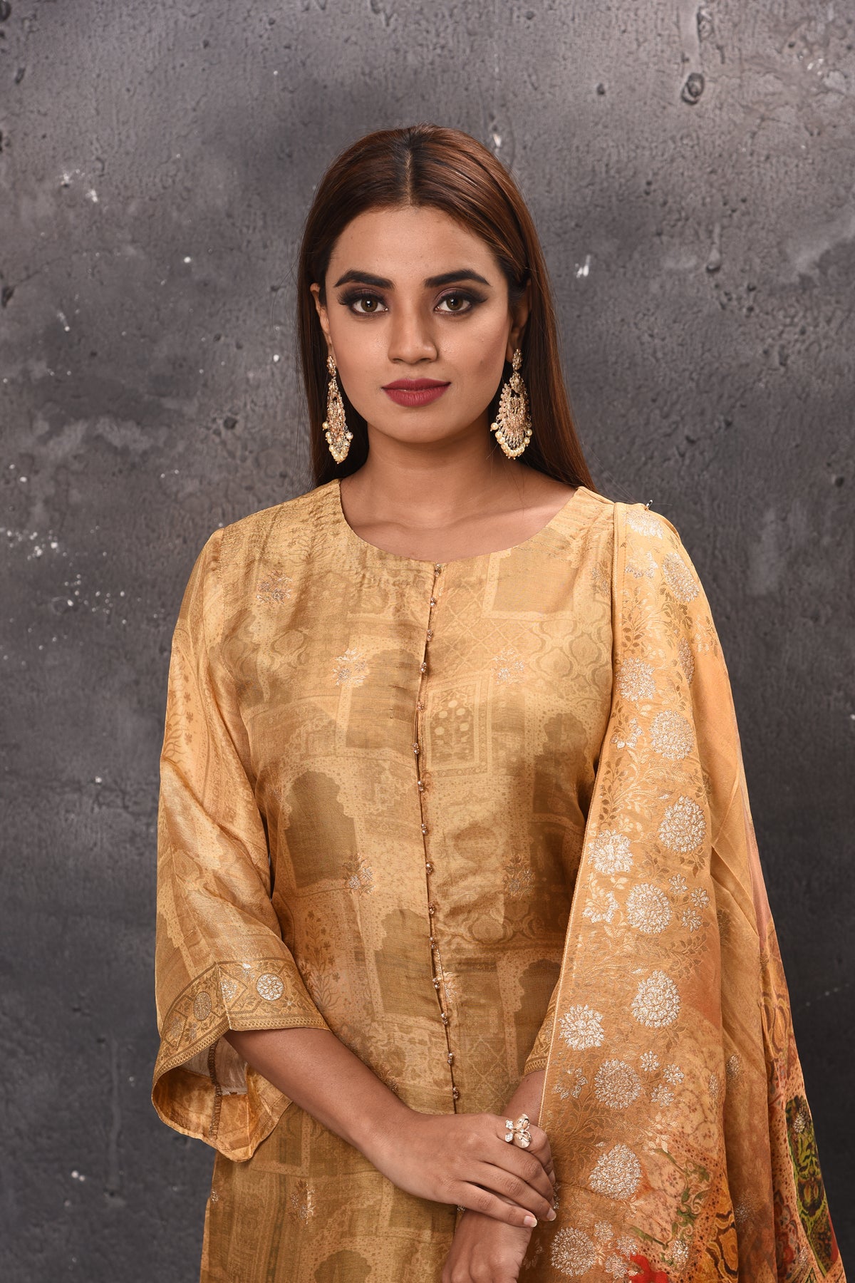 Shop beautiful beige and brown shaded and printed palazzo suit online in USA. Get set for weddings and festive occasions in exclusive designer Anarkali suits, wedding gown, salwar suits, gharara suits, Indowestern dresses from Pure Elegance Indian fashion store in USA.-closeup