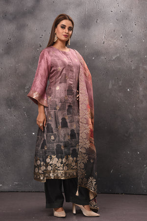 Buy beautiful mauve and black shaded and printed palazzo suit online in USA. Get set for weddings and festive occasions in exclusive designer Anarkali suits, wedding gown, salwar suits, gharara suits, Indowestern dresses from Pure Elegance Indian fashion store in USA.-side