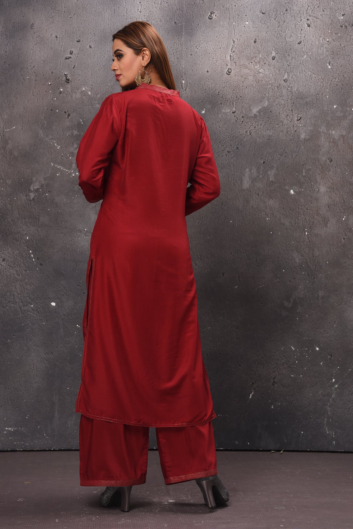 Shop solid maroon palazzo suit online in USA with Banarasi dupatta. Get set for weddings and festive occasions in exclusive designer Anarkali suits, wedding gown, salwar suits, gharara suits, Indowestern dresses from Pure Elegance Indian fashion store in USA.-back
