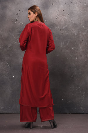 Shop solid maroon palazzo suit online in USA with Banarasi dupatta. Get set for weddings and festive occasions in exclusive designer Anarkali suits, wedding gown, salwar suits, gharara suits, Indowestern dresses from Pure Elegance Indian fashion store in USA.-back