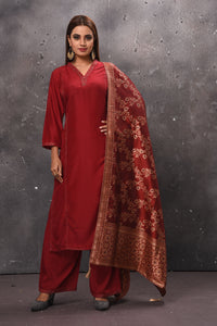 Shop solid maroon palazzo suit online in USA with Banarasi dupatta. Get set for weddings and festive occasions in exclusive designer Anarkali suits, wedding gown, salwar suits, gharara suits, Indowestern dresses from Pure Elegance Indian fashion store in USA.-full view