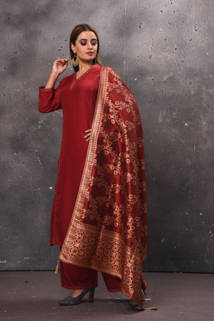 Shop solid maroon palazzo suit online in USA with Banarasi dupatta. Get set for weddings and festive occasions in exclusive designer Anarkali suits, wedding gown, salwar suits, gharara suits, Indowestern dresses from Pure Elegance Indian fashion store in USA.-side