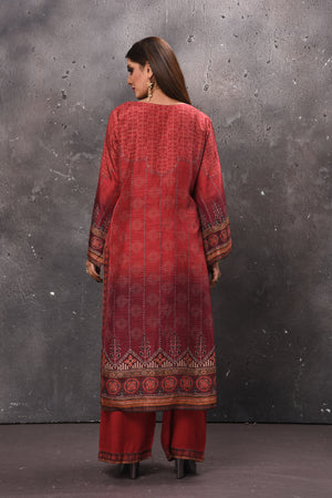 Shop stunning red printed palazzo suit online in USA with dupatta. Get set for weddings and festive occasions in exclusive designer Anarkali suits, wedding gown, salwar suits, gharara suits, Indowestern dresses from Pure Elegance Indian fashion store in USA.-back