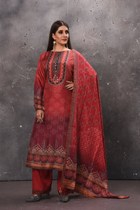 Shop stunning red printed palazzo suit online in USA with dupatta. Get set for weddings and festive occasions in exclusive designer Anarkali suits, wedding gown, salwar suits, gharara suits, Indowestern dresses from Pure Elegance Indian fashion store in USA.-full view